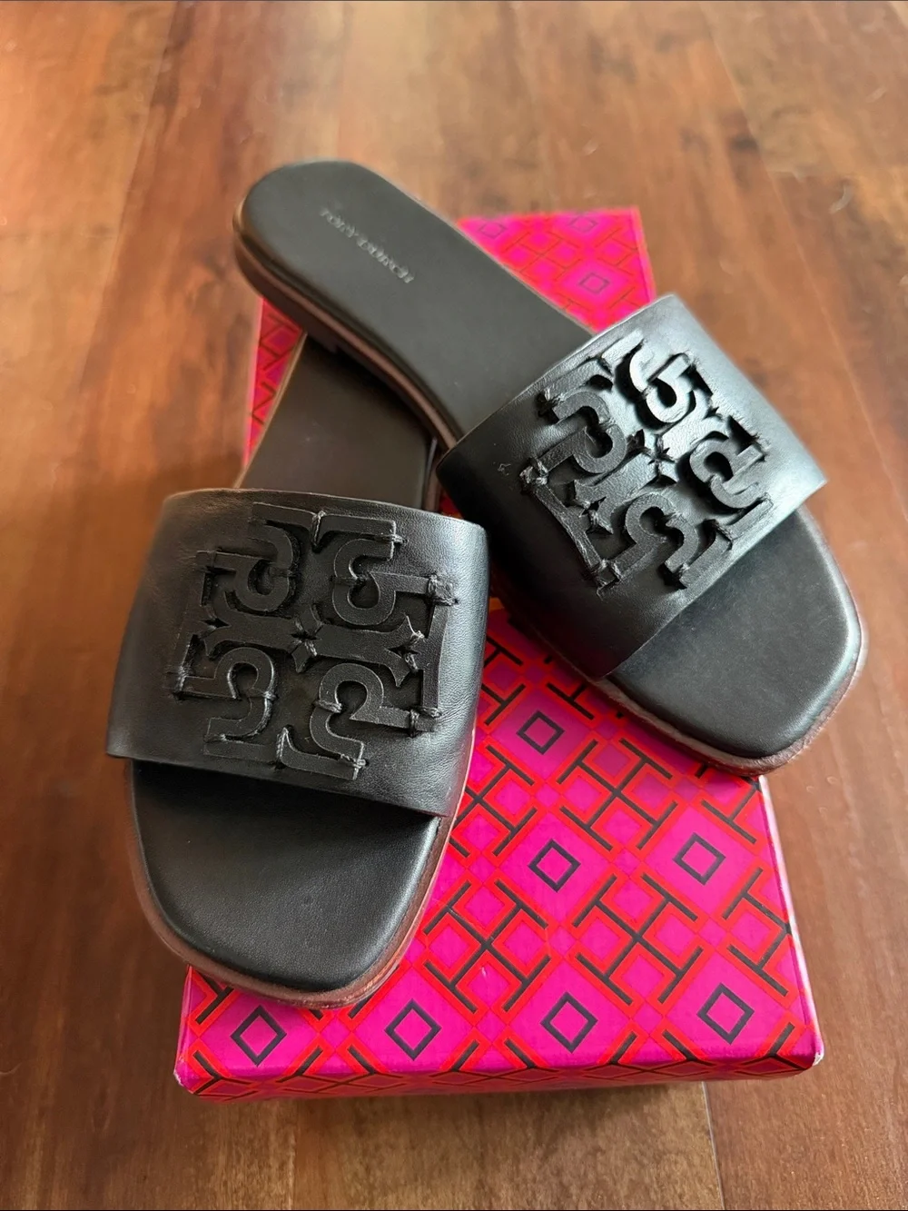 Tory Burch Black Leather Logo Slide Mules